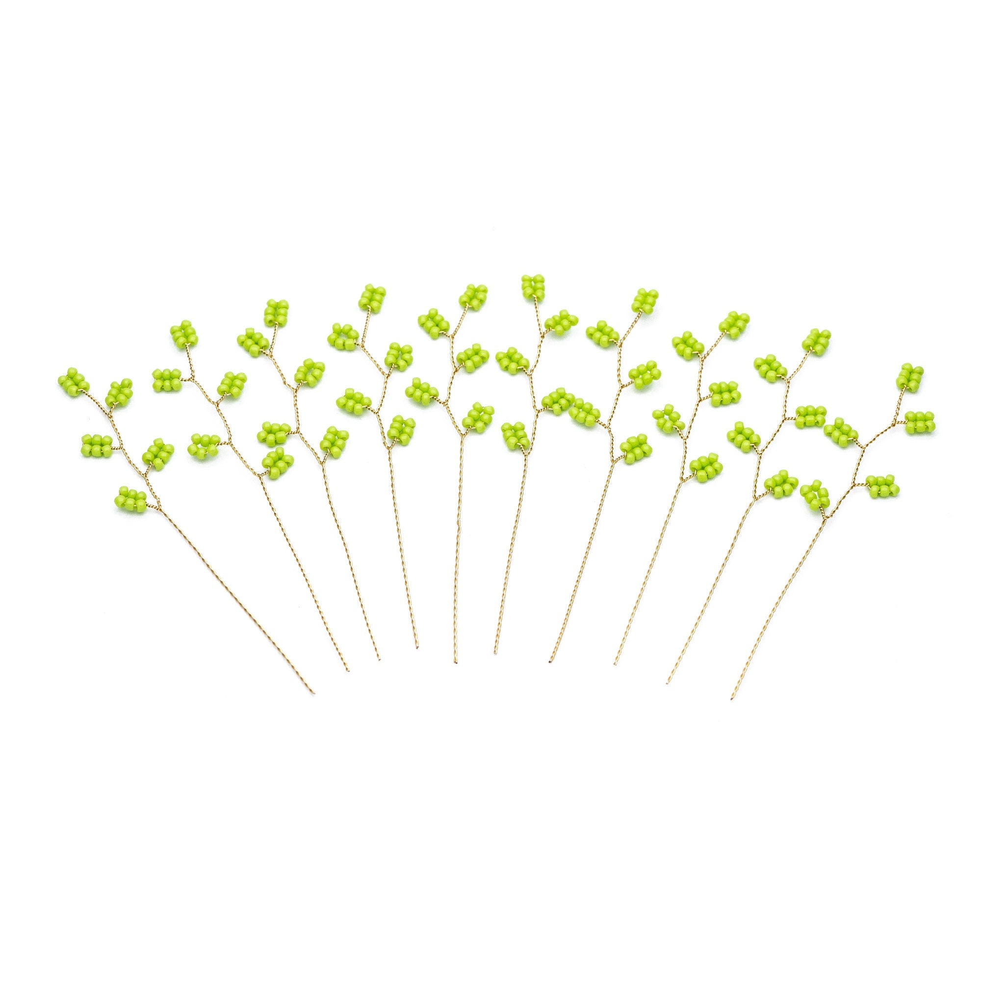 10pcs Beaded Leaf Sprigs on Gold Wire, Flower Tassel Hair Accessories, Seed Glass Beads Branch (FB-050)